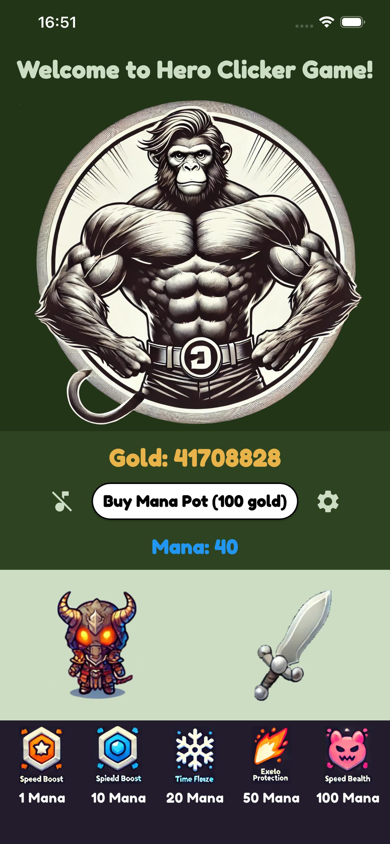 Hero Clicker — kaslı gümüş goril kahraman, yanında boynuzlu zırhlı pet ve kılıç