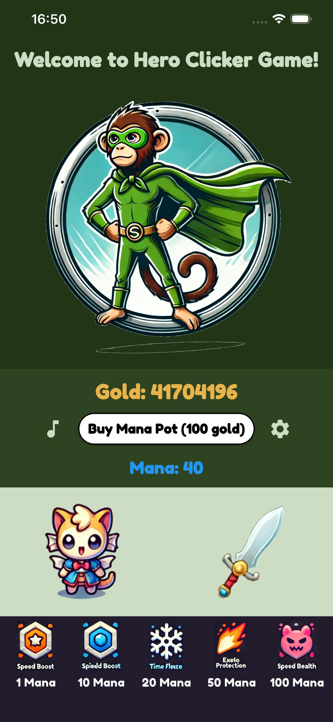 Hero Clicker — yeşil pelerinli maymun kahraman, kedi perisi pet ve kırmızı saplı kılıç