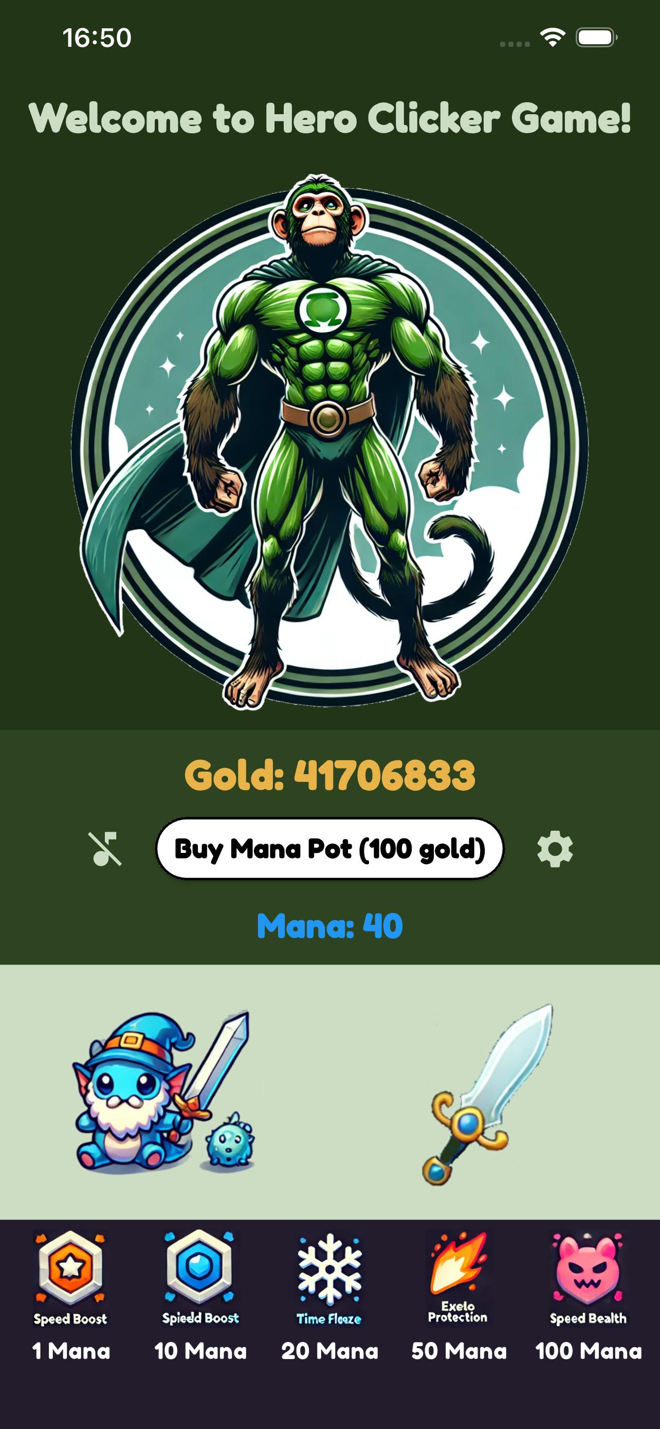 Hero Clicker — göğsünde yeşil halka amblemi olan kahraman, mavi büyücü pet ve kılıç