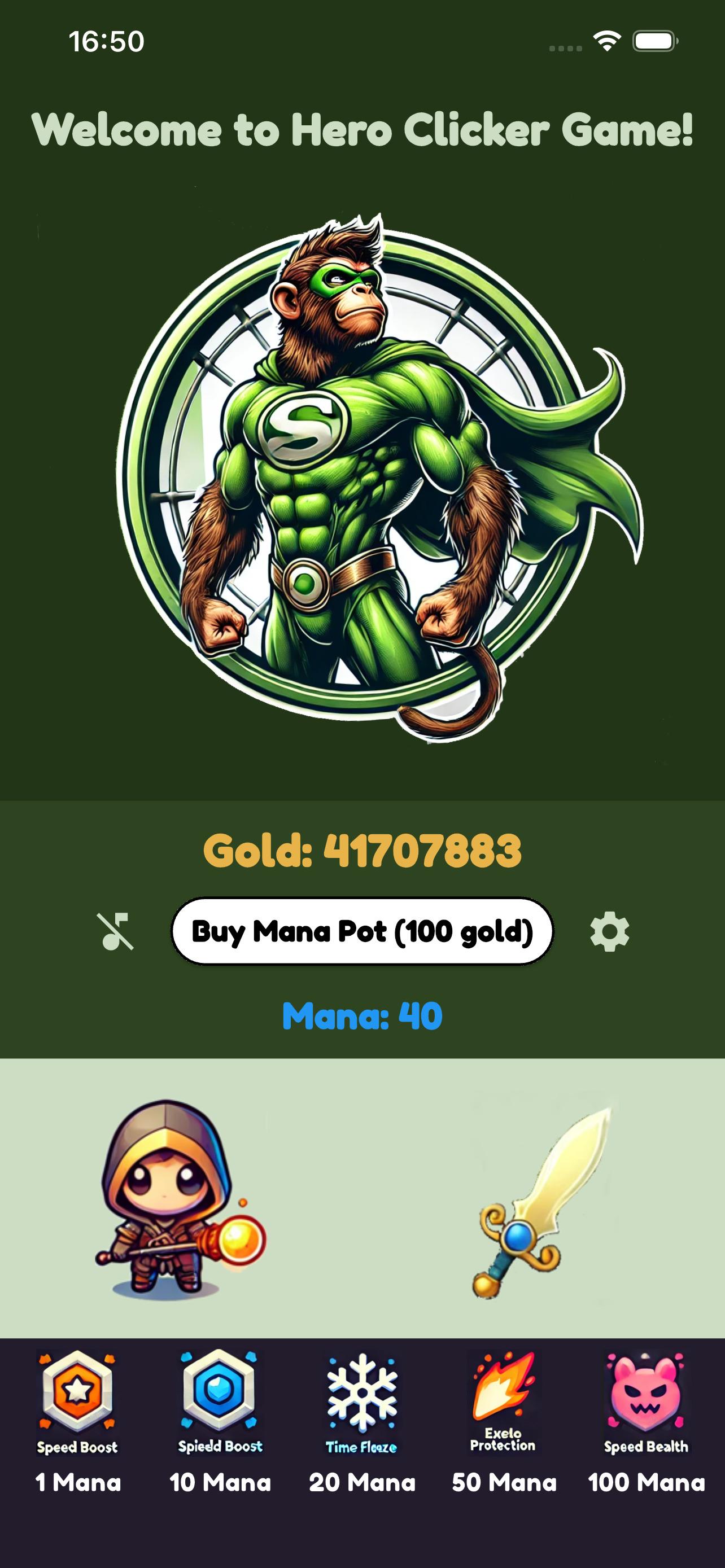 Hero Clicker — göğsünde S amblemi olan kahraman, kukuletalı pet ve altın kılıç